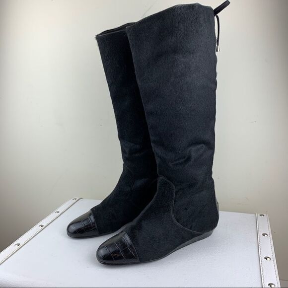 Migliorini Black Calf-Hair Tall Wedge Boots Back-Lace Detail‎ - Picture 16 of 16